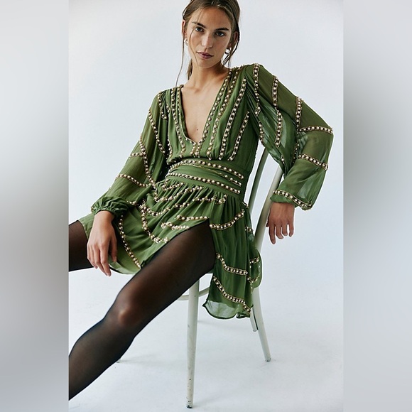 Free People Dresses & Skirts - Free People JEN'S PIRATE BOOTY Olive Green Beaded V-Neck Mini Dress